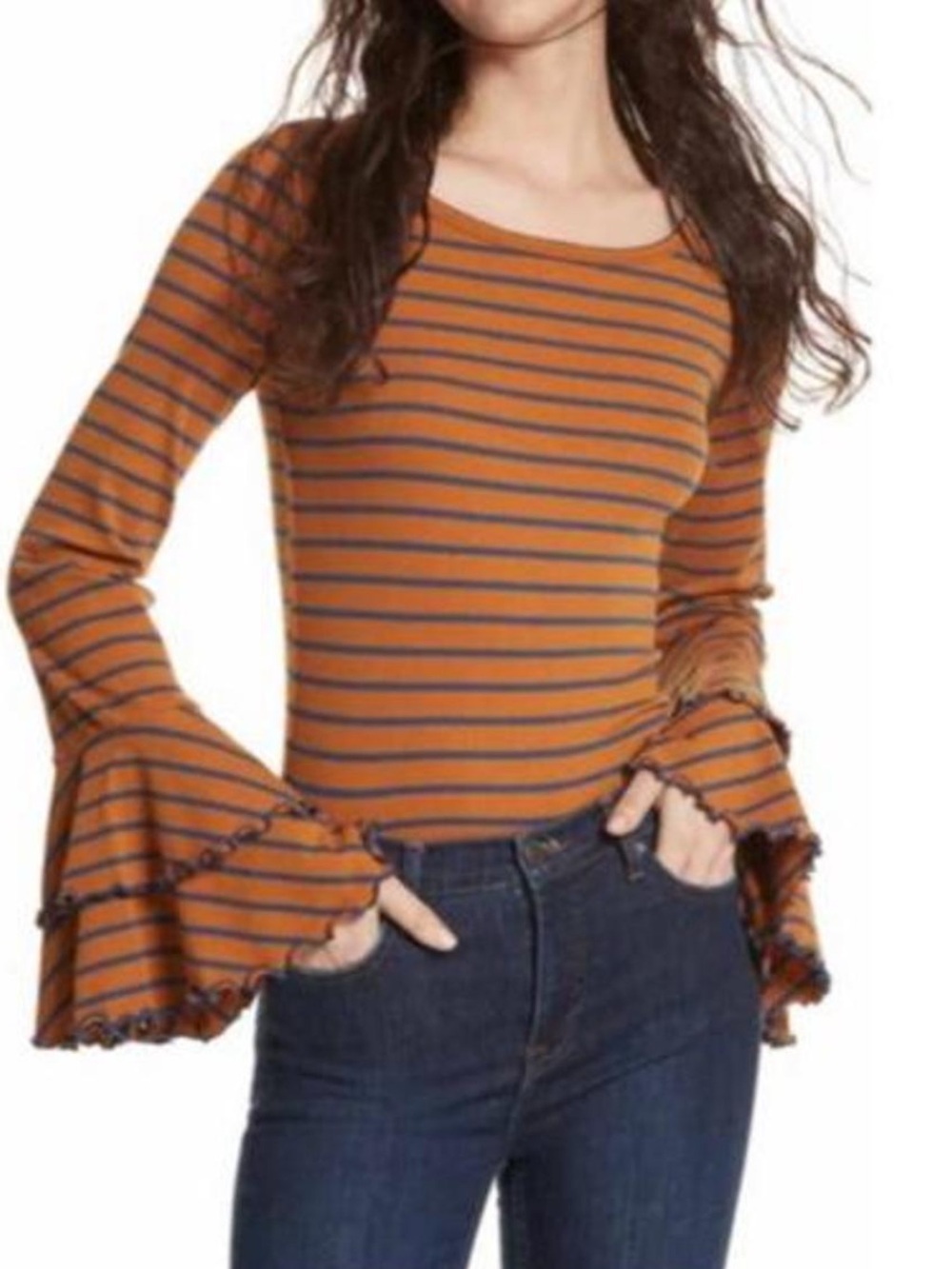 We The Free Rust and Black Striped Ruffle-Sleeve Long Sleeve Top